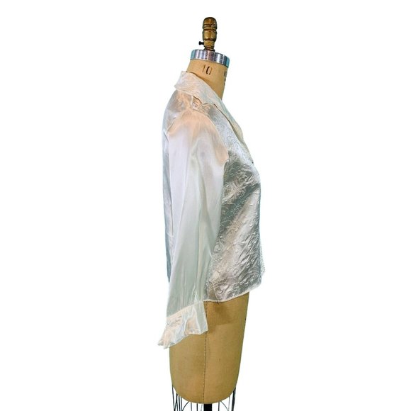 Vintage 1950s Satin Blouse White Embroidered Rhinestone Button Evening Top - Picture 7 of 10